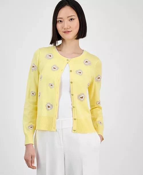 T Tahari Women’s Floral‑Embroidered Button‑Front Cardigan Yellow XS $88 NWT