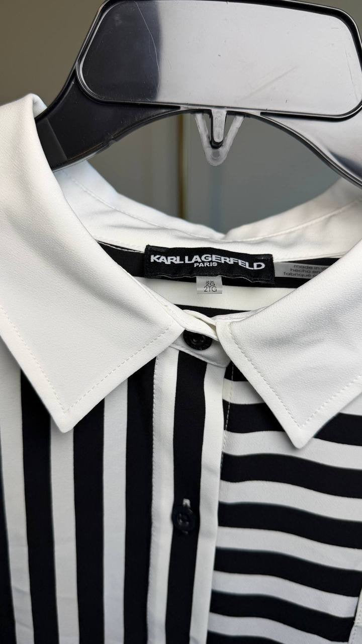 Karl Lagerfeld Paris Plus Striped Button‑Front Shirt Black/White 2X NWT $109
