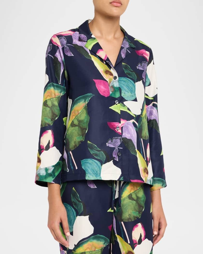 Natori Daido Cropped Floral Pajama Top Navy Multicolor XL NWT Notched Lapel