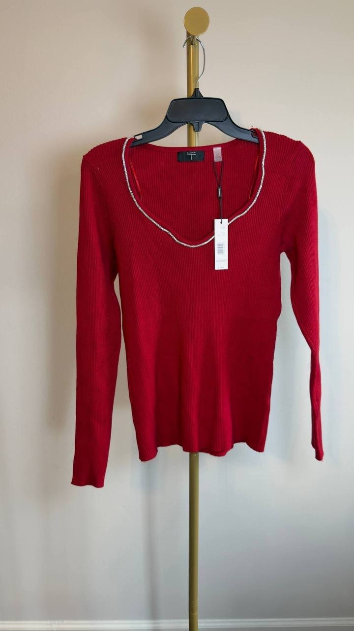 T Tahari Ribbed Sweetheart Rhinestone Sweater Baked Cherry L NWT $78