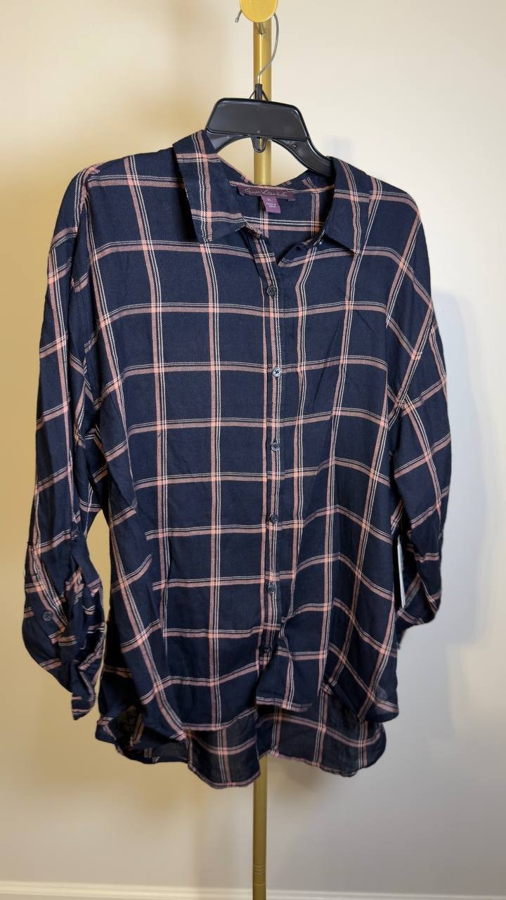 Gloria Vanderbilt Amanda Button‑Down Shirt Midnight Affair Windowpane XL NWT $48