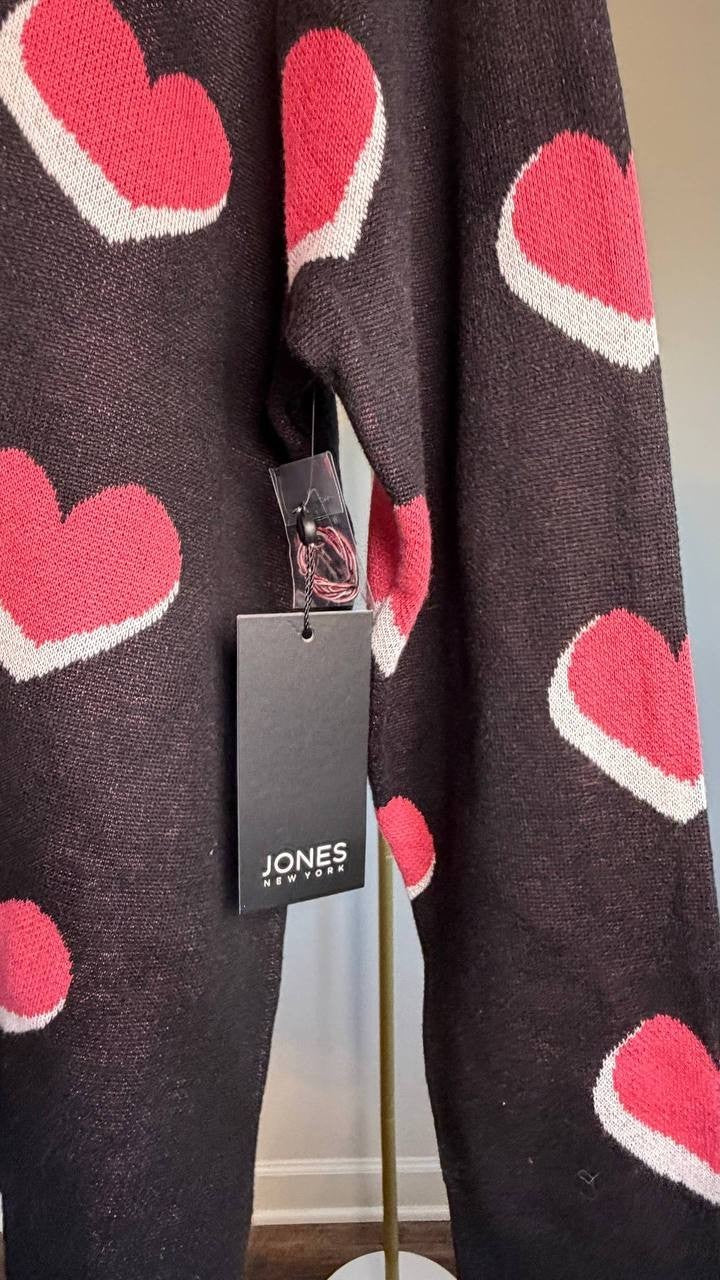 Jones New York Scatter Heart Crewneck Sweater Black Multi XL NWT $99.50