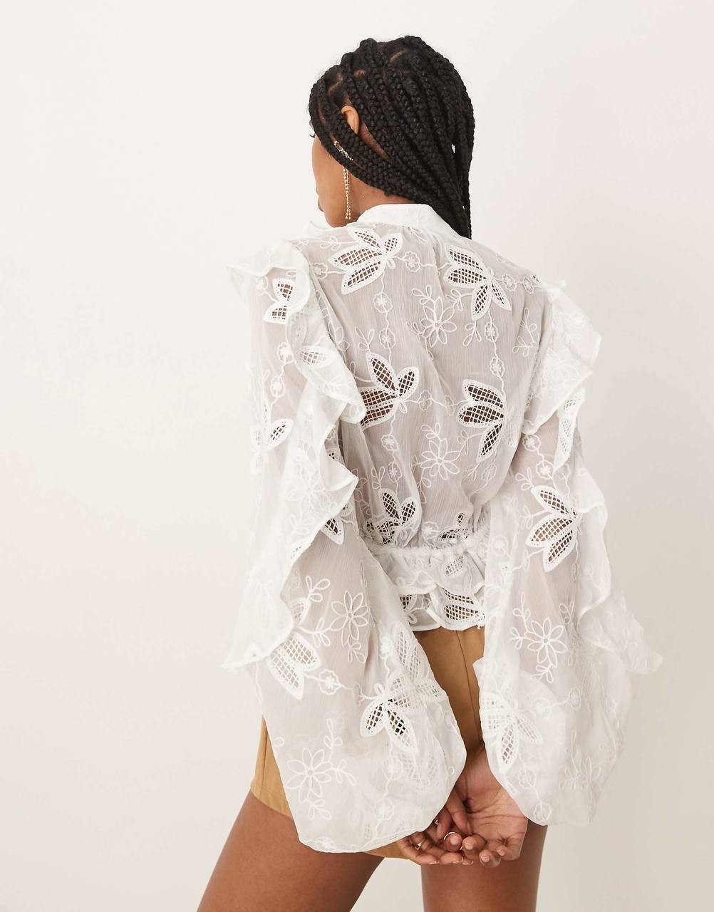 Bardot Frill Embroidered Blouse Crinkled Chiffon Orchid White Size L Top