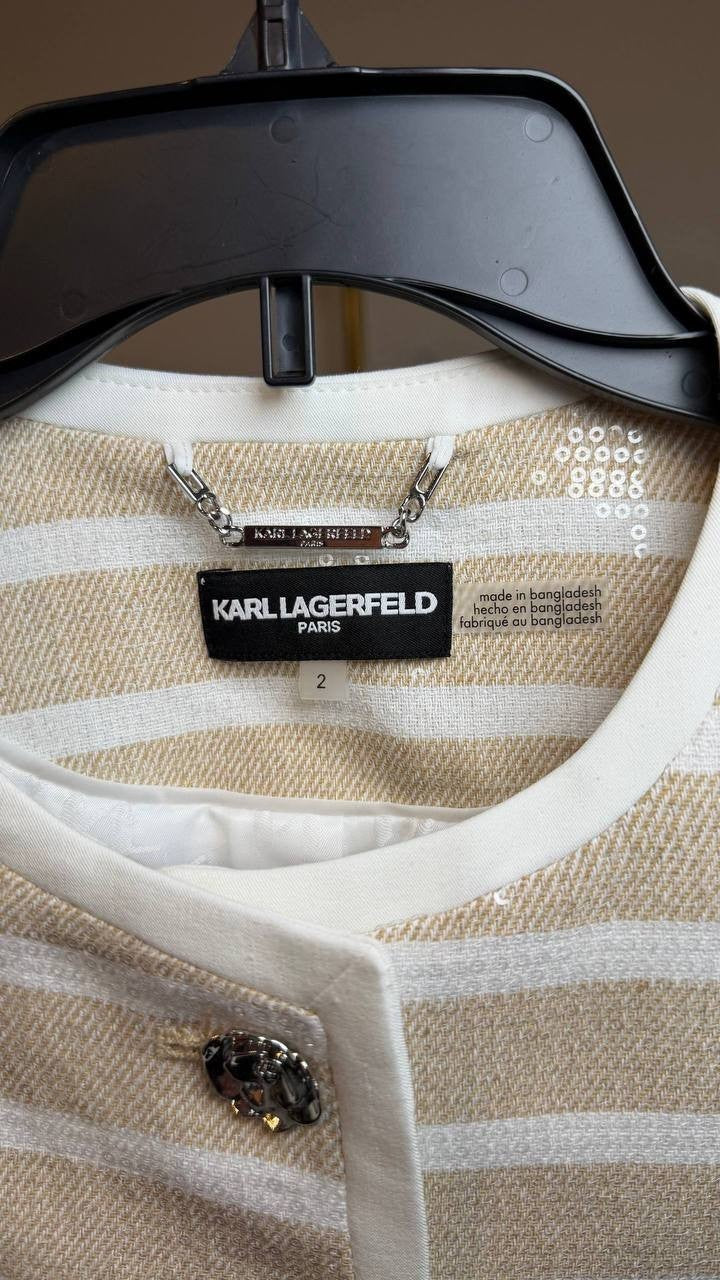 Karl Lagerfeld Paris Sequinned Striped Jacket White/Beige 2 NWT $229