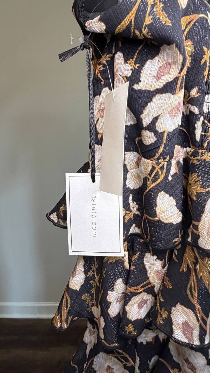 1.STATE V‑Neck Tiered Floral‑Print Maxi Dress Reach Black L NWT $139