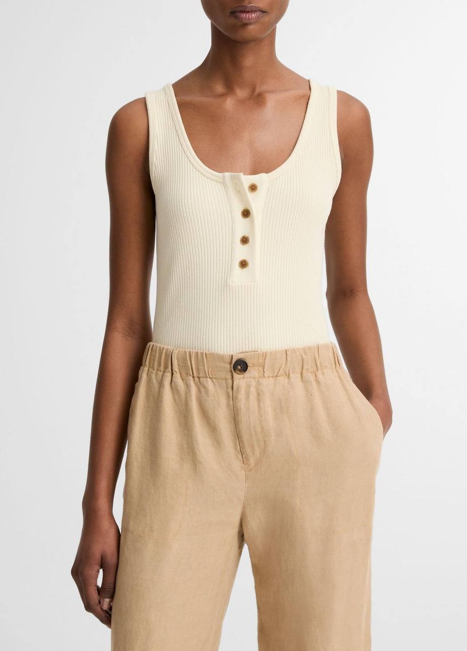 Vince  Women’s  Ribbed  Cotton‑Blend  Henley  Tank  Sun  Ivory  M  NWT  $148