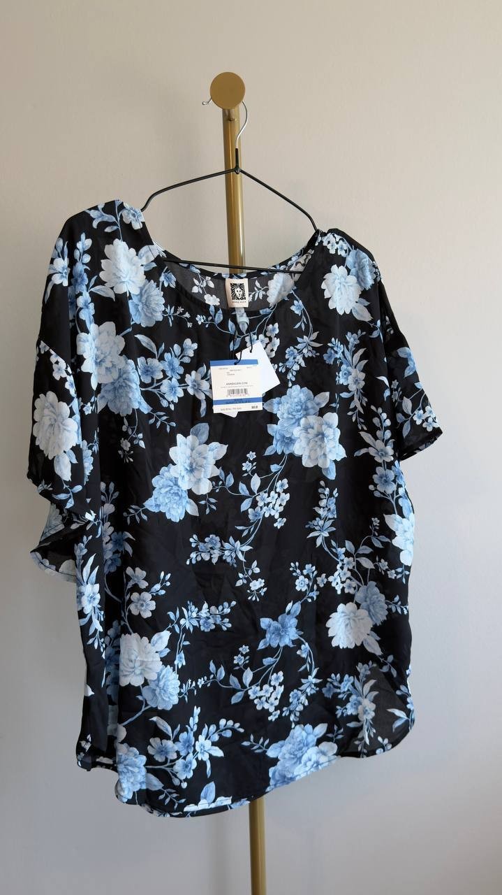 Anne Klein Boat‑Neck Flutter‑Sleeve Blouse Black Multi XL NWT $69