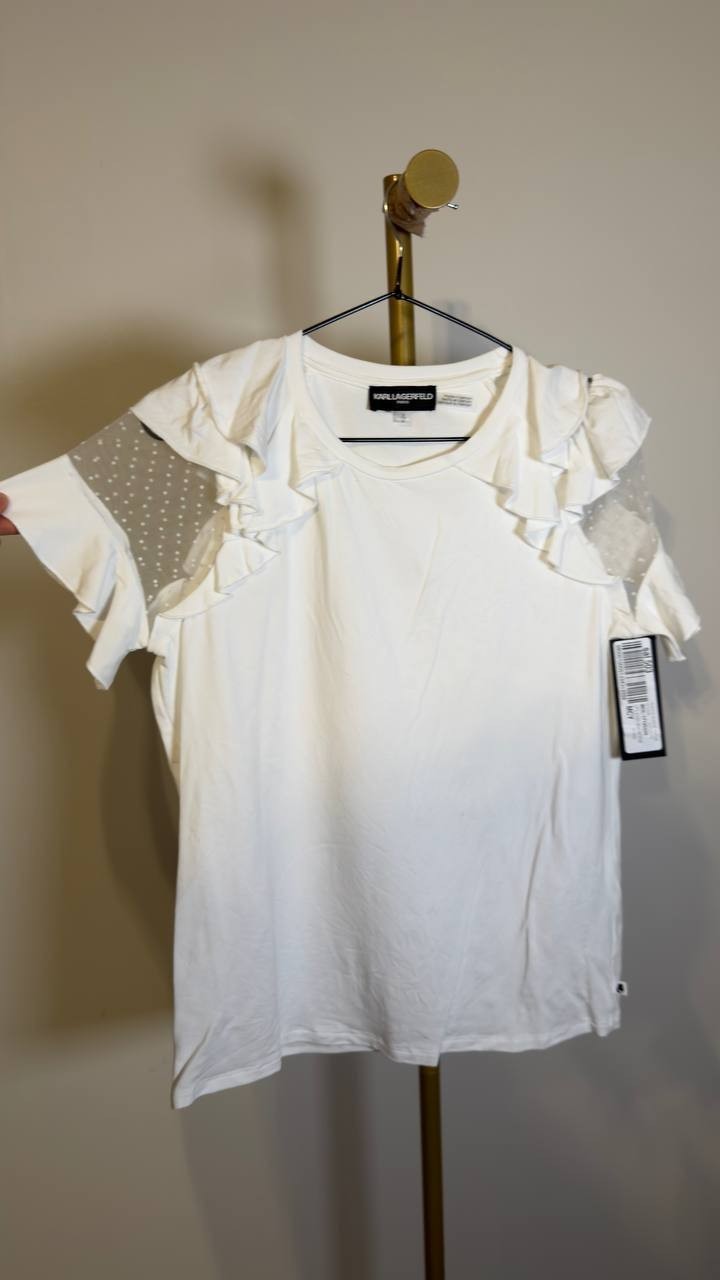 Karl Lagerfeld Paris Ruffle Mesh Short Sleeve Top White S NWT $79