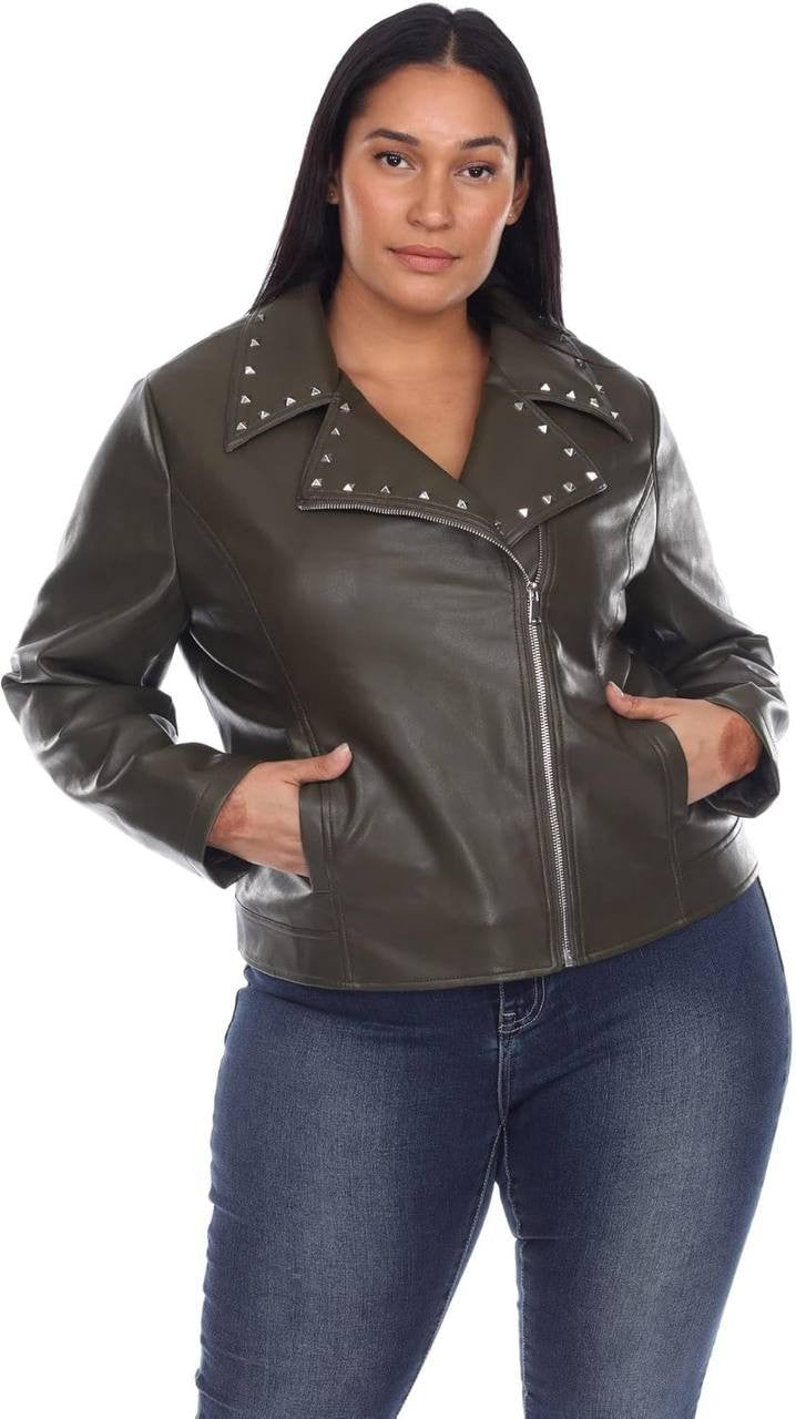 White Mark Women’s Studded Faux Leather Jacket, Size 1X, Color Olive, NWT