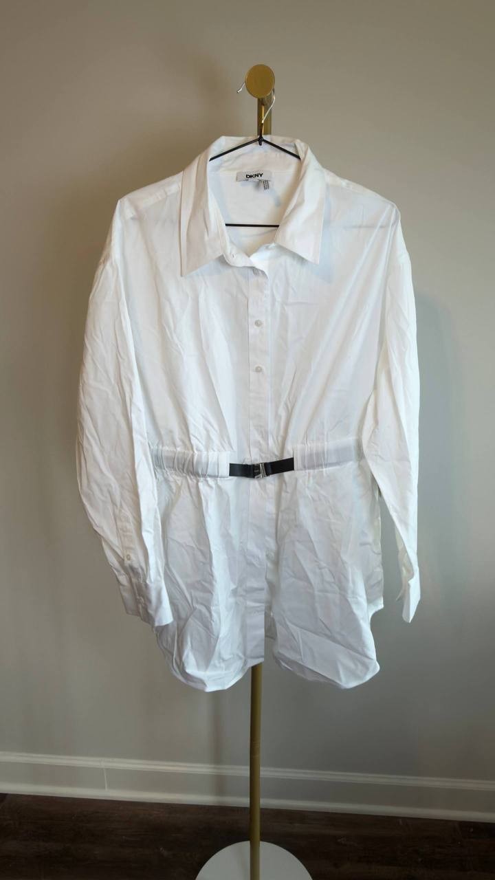 DKNY Cotton Belted Button‑Front Shirt White XL NWT $119