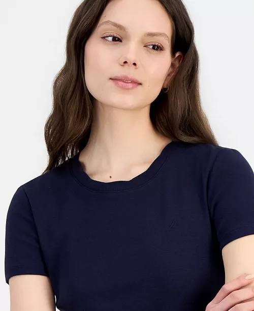 Nautica Scallop‑Trim Cotton Short‑Sleeve T‑Shirt Navy L NWT $39.50