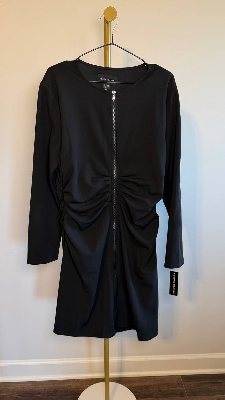 Donna Morgan Long‑Sleeve Zip‑Front A‑Line Dress Black 16 NWT $138