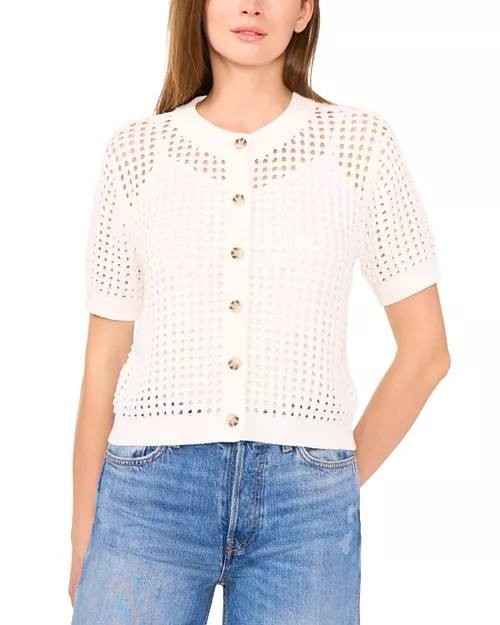 CeCe Texture Mesh Cardigan Open-Knit Short Sleeve Antique White S NWT New