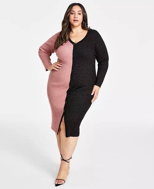 Nina Parker Plus Size Ribbed Button‑Front Dress Rose/Gold 2X NWT $99