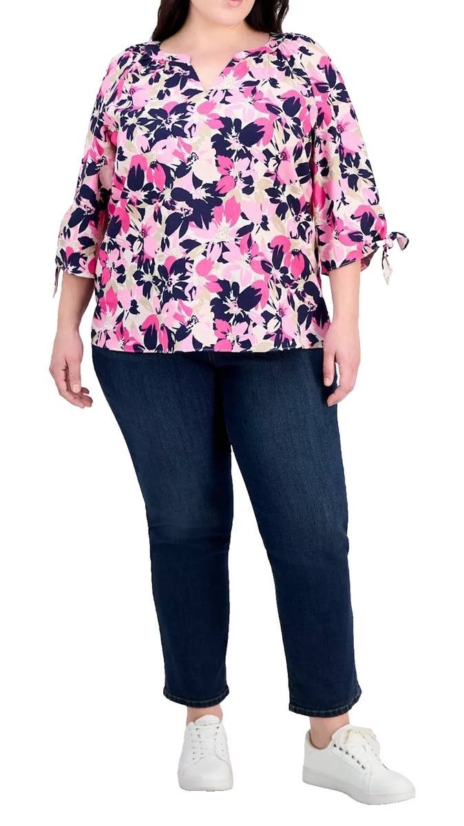 Jones New York Tie‑Sleeve Printed Split‑Neck Blouse White Multi XL NWT $69.50
