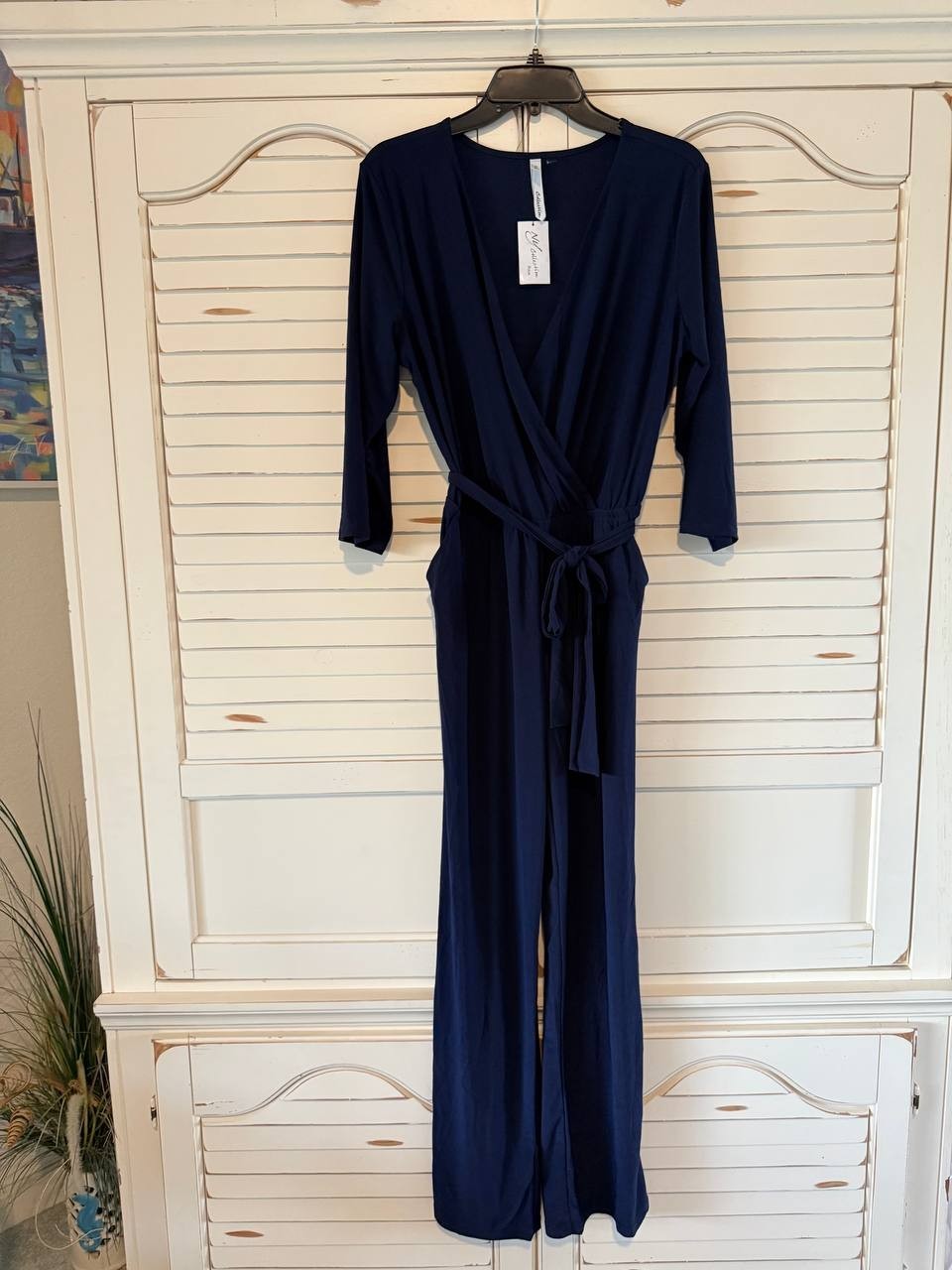 NY Collection Jumpsuit – Size PL – NWT – Navy Petite Matte Jersey Belted Wide