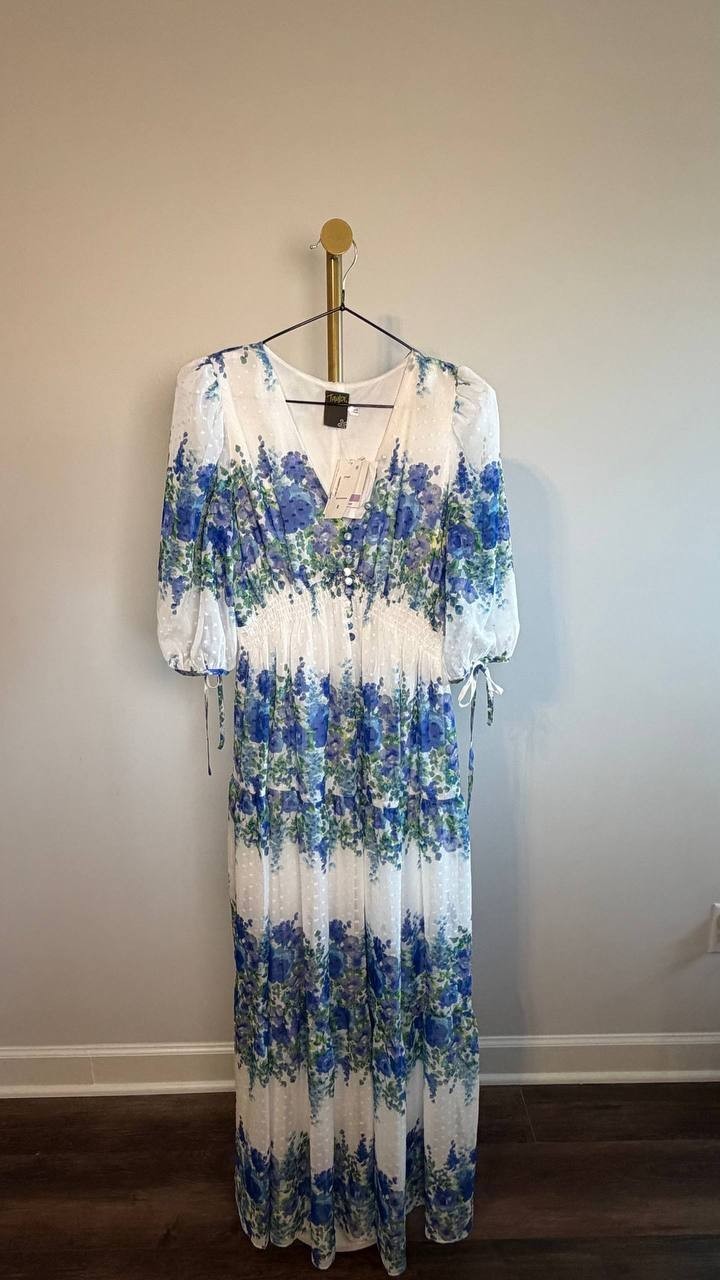 Taylor Printed V-Neck Smocked-Waist Dress Blue/Wisteria 6 NWT $139