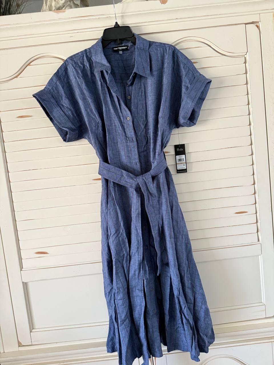 Karl Lagerfeld Paris Dress 12 Blue Belted Pinstripe Midi NWT MSRP $159 Classic