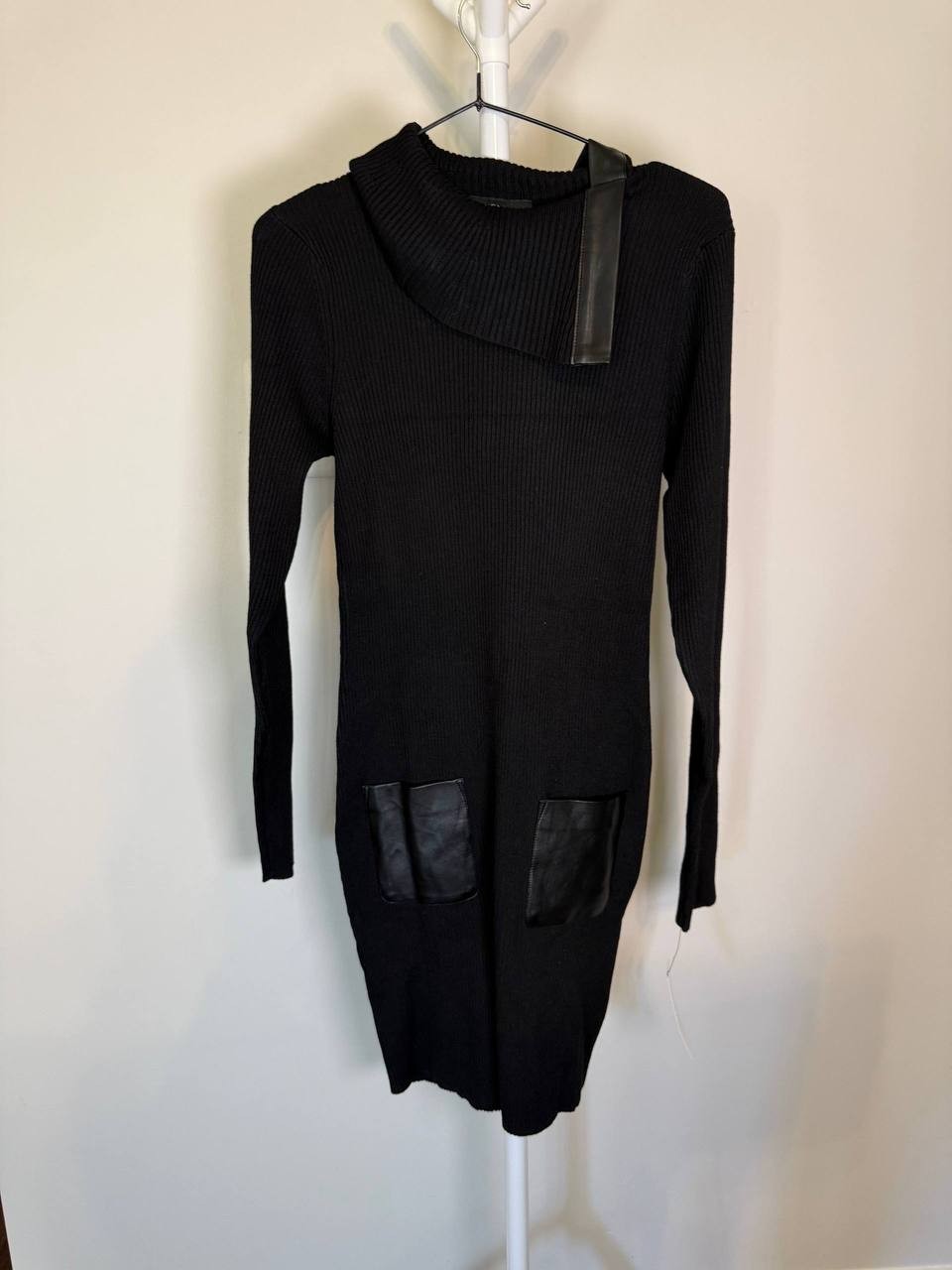 BCX Juniors Faux‑Leather Long‑Sleeve Sweater Dress – Size M – Black – NWT – $49