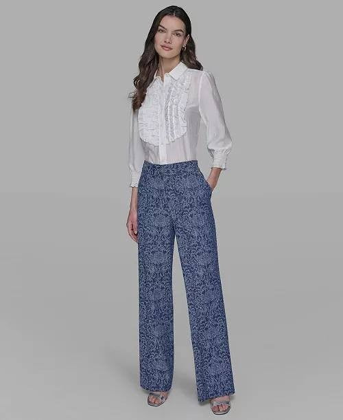 Karl Lagerfeld Paris Printed Wide‑Leg Denim Pants Medium Wash 8 NWT $139
