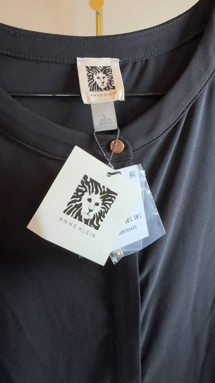 Anne Klein Mixed‑Media Elbow‑Sleeve Hidden‑Placket Top Black L NWT $89
