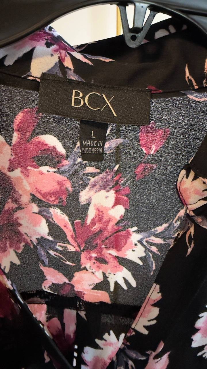 BCX Portofino Woven Top Black Floral Roll‑Tab Sleeves L NWT $79