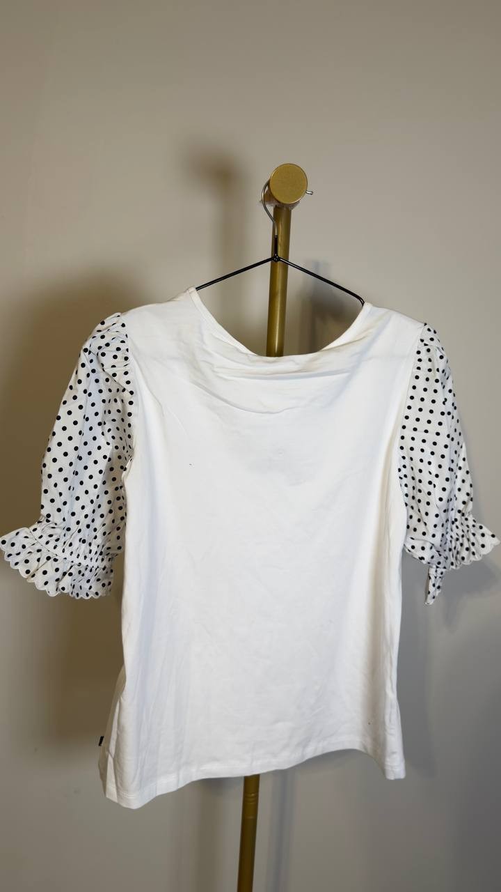 Nautica Jeans Women’s Round‑Neck Contrast Puff‑Sleeve Top White S NWT $59.50