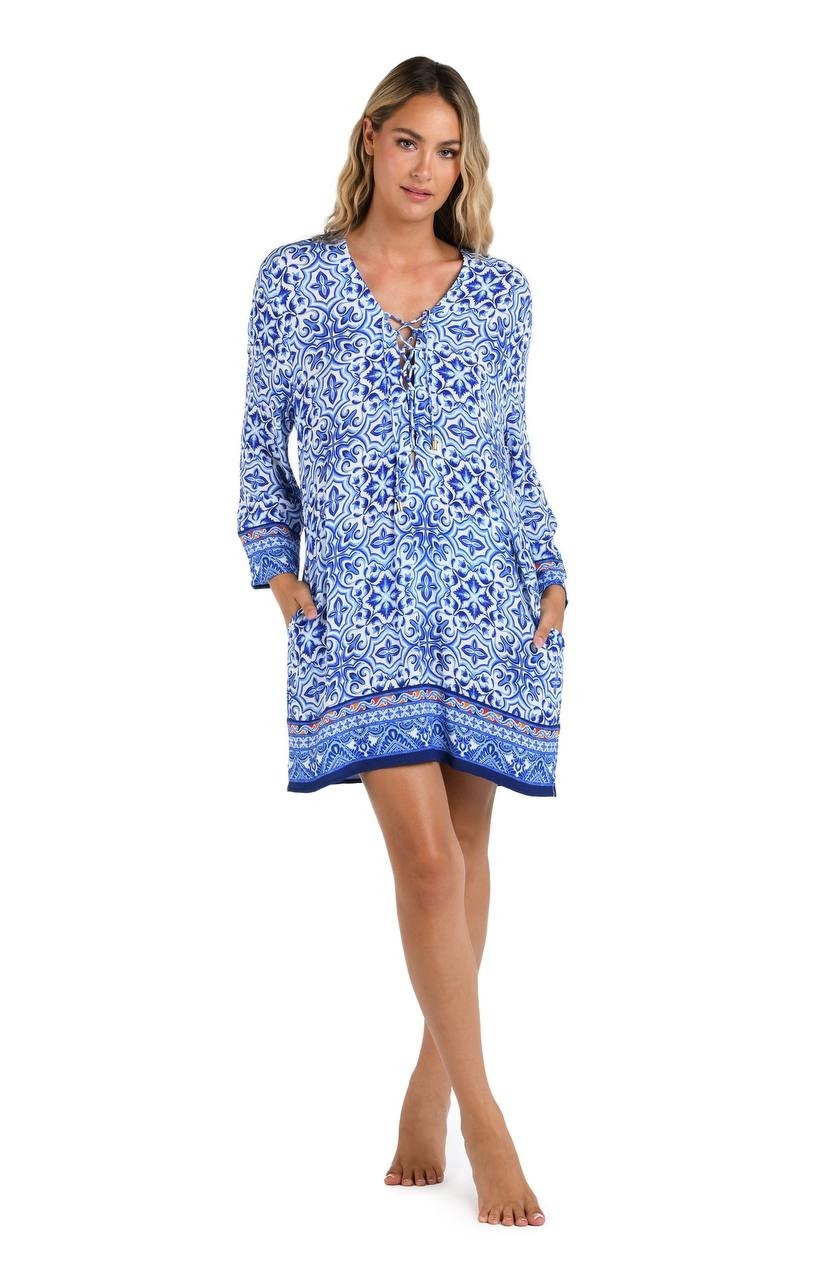 La Blanca Alboran Sea Lace-Up V-Neck Tunic Cover Up Blue Multi XL NWT $113