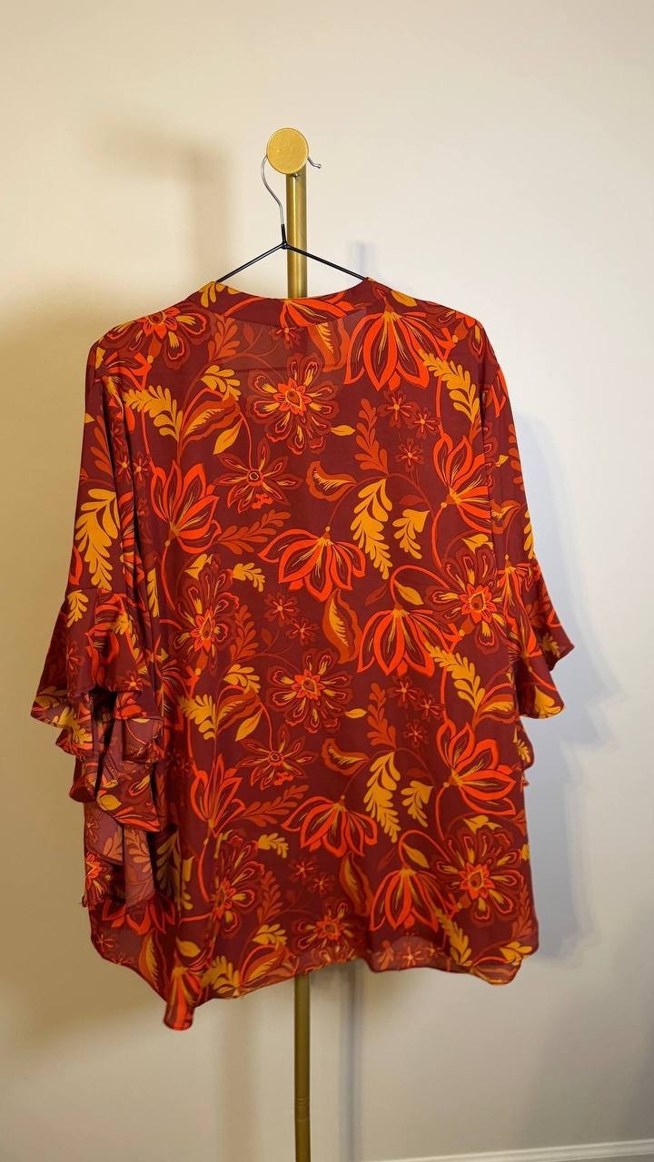 Vince Camuto Plus Split‑Neck Ruffle‑Cuff Floral Blouse Burgundy 2X $89 NWT