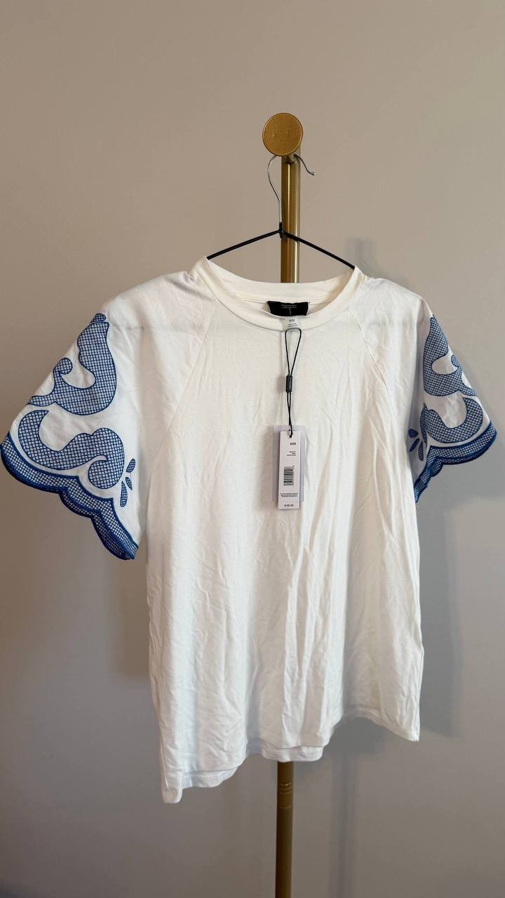 Tahari Women’s Printed Short‑Sleeve Top White Star Polaris Blue M $68 NWT