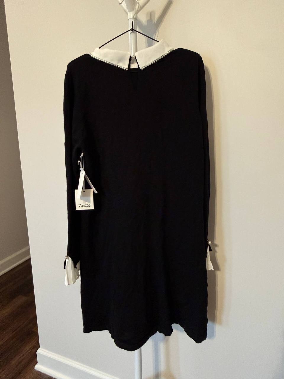 CeCe Knit Pearl‑Collared Long‑Sleeve Sweater Dress– Black–Size XL – NWT – $109