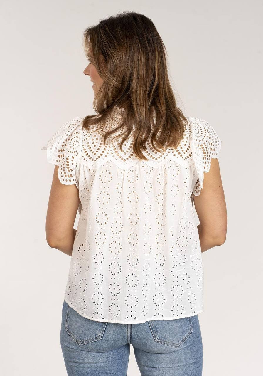 Aqua White Anglaise Top XS Cotton Embroidered Romantic Boho Minor Flaw