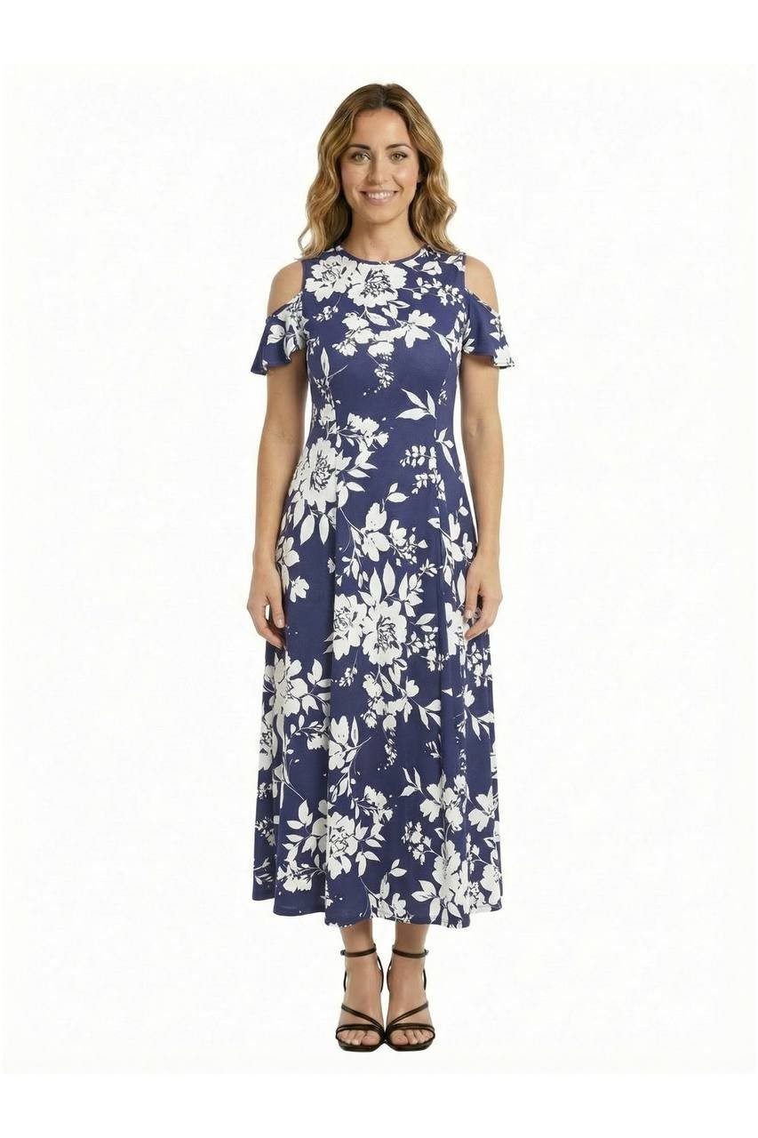 24Seven Comfort Apparel Cold Shoulder Maxi Dress Blue Multi XL NWT $117