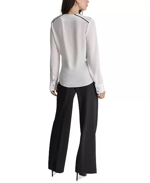 DKNY Contrast Trim Long Sleeve Blouse White Petite SizePS NWOT $69 Needs Washing