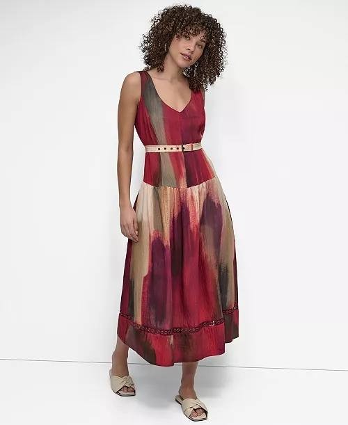 DKNY Abstract‑Print Midi Dress Red 10 NWT $159