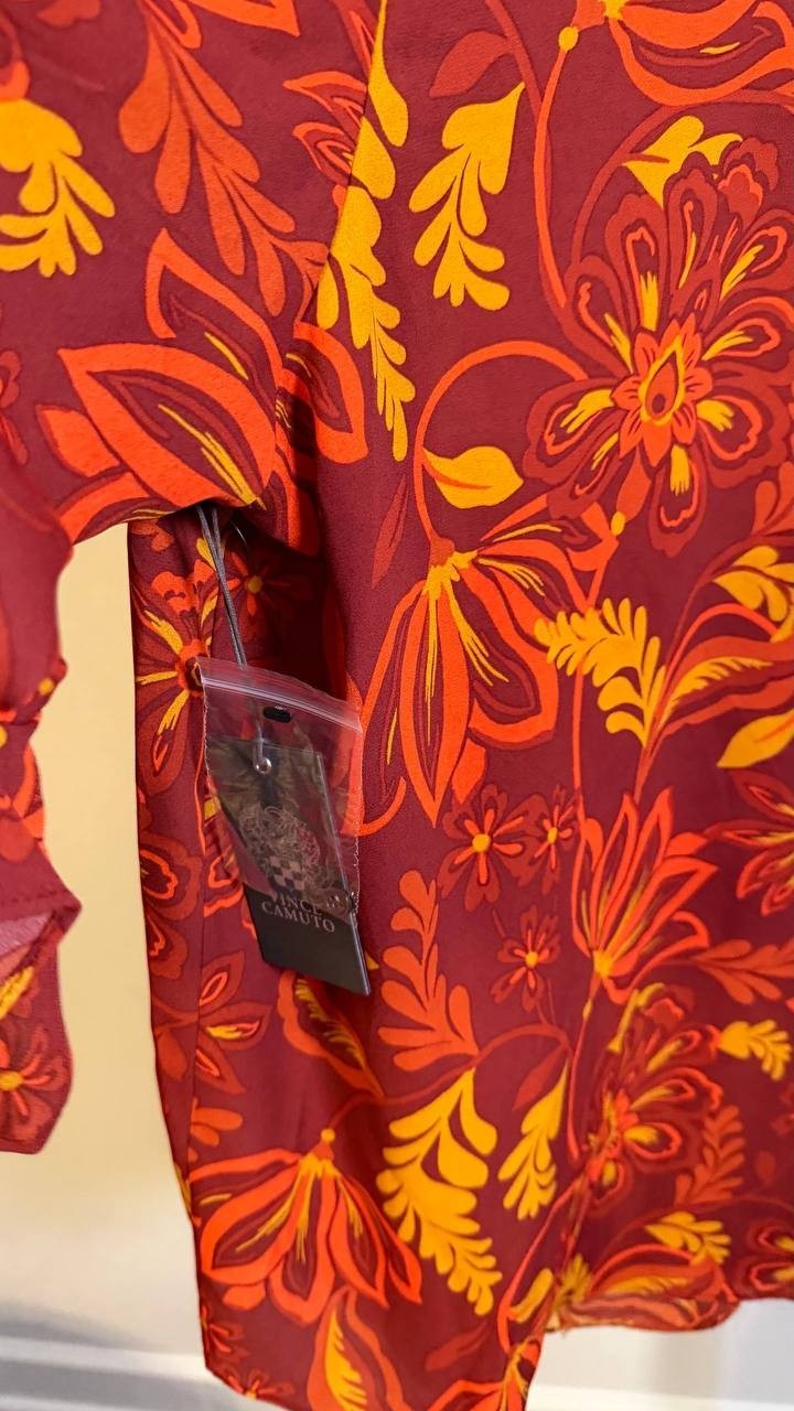 Vince Camuto Plus Split‑Neck Ruffle‑Cuff Floral Blouse Burgundy 2X $89 NWT