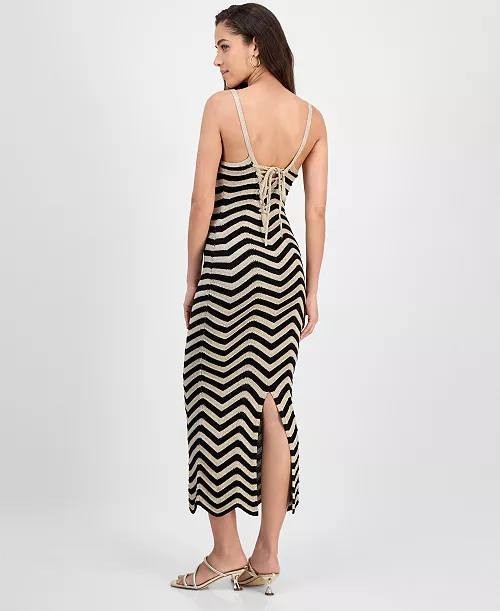 GUESS Vera Chevron Lace-Up Dress Black Striped Size M NWT $198 – Chic Statement
