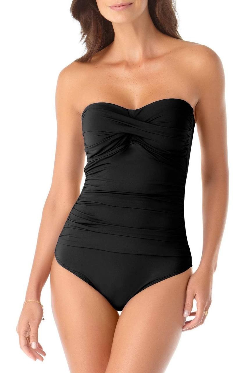 Anne Cole Twist Front Shirred One Piece Swimsuit Black 16 NWT $88