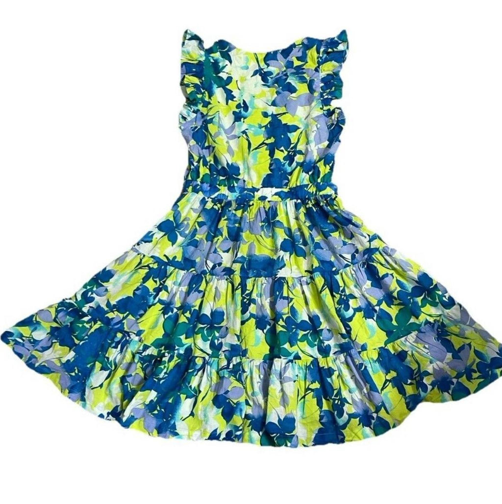 Taylor Dress 14 Navy Floral Cotton Ruffle Sleeve Tiered Midi Fit & Flare NWT