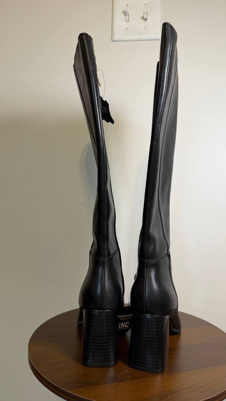 INC Elani Boots 9M Black Beauty Leather Knee‑High Square Toe NIB msrp$189.90