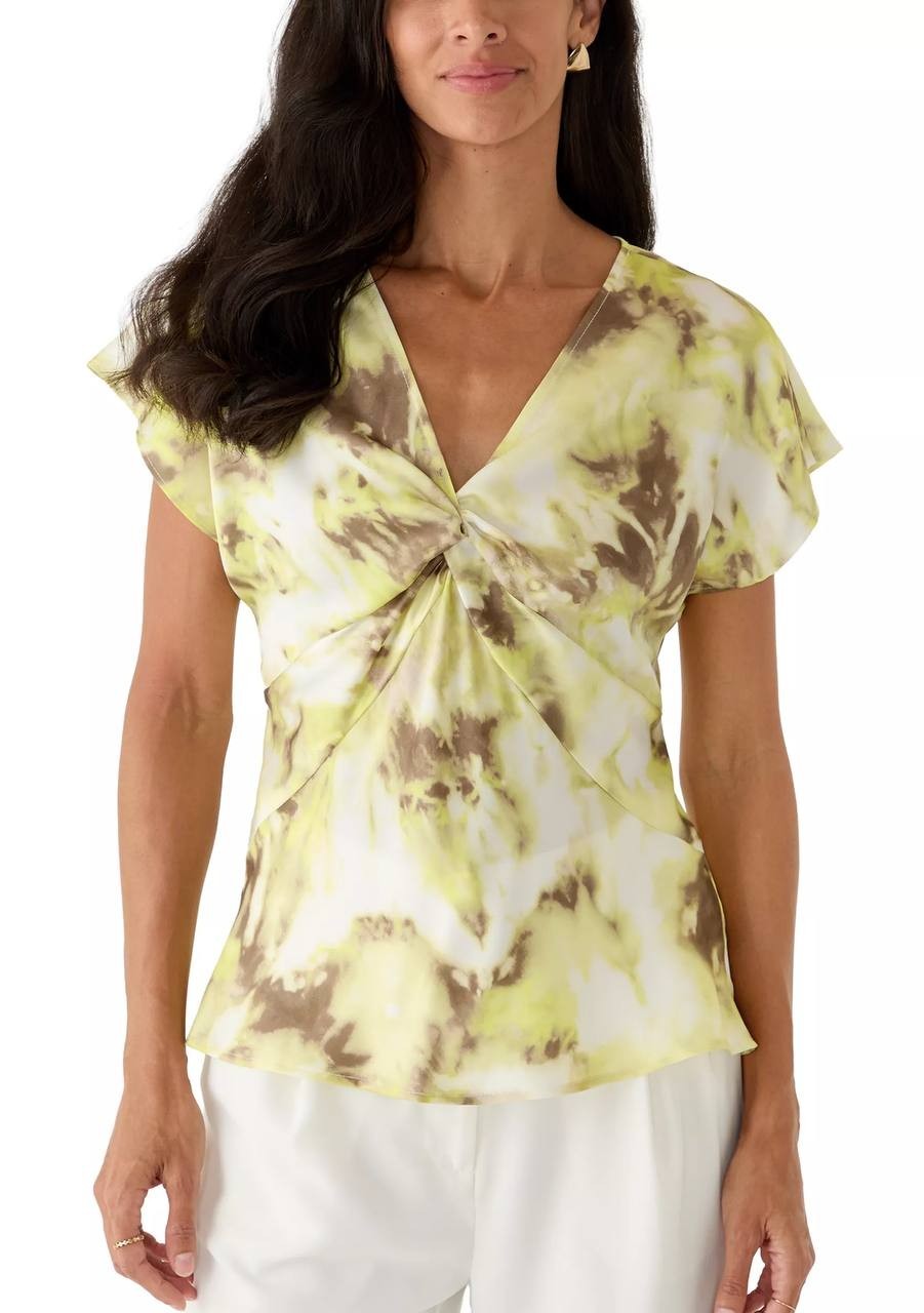 DKNY Twist‑Front Tie‑Dye Dolman‑Sleeve Blouse L Sage/Lime NWT $74