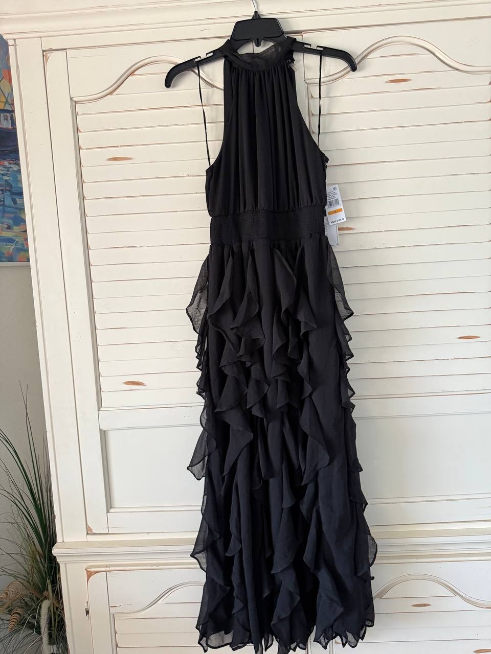 1.STATE Dress S Rich Black Halter Cascading Flounce Maxi Sleeveless Formal NWT