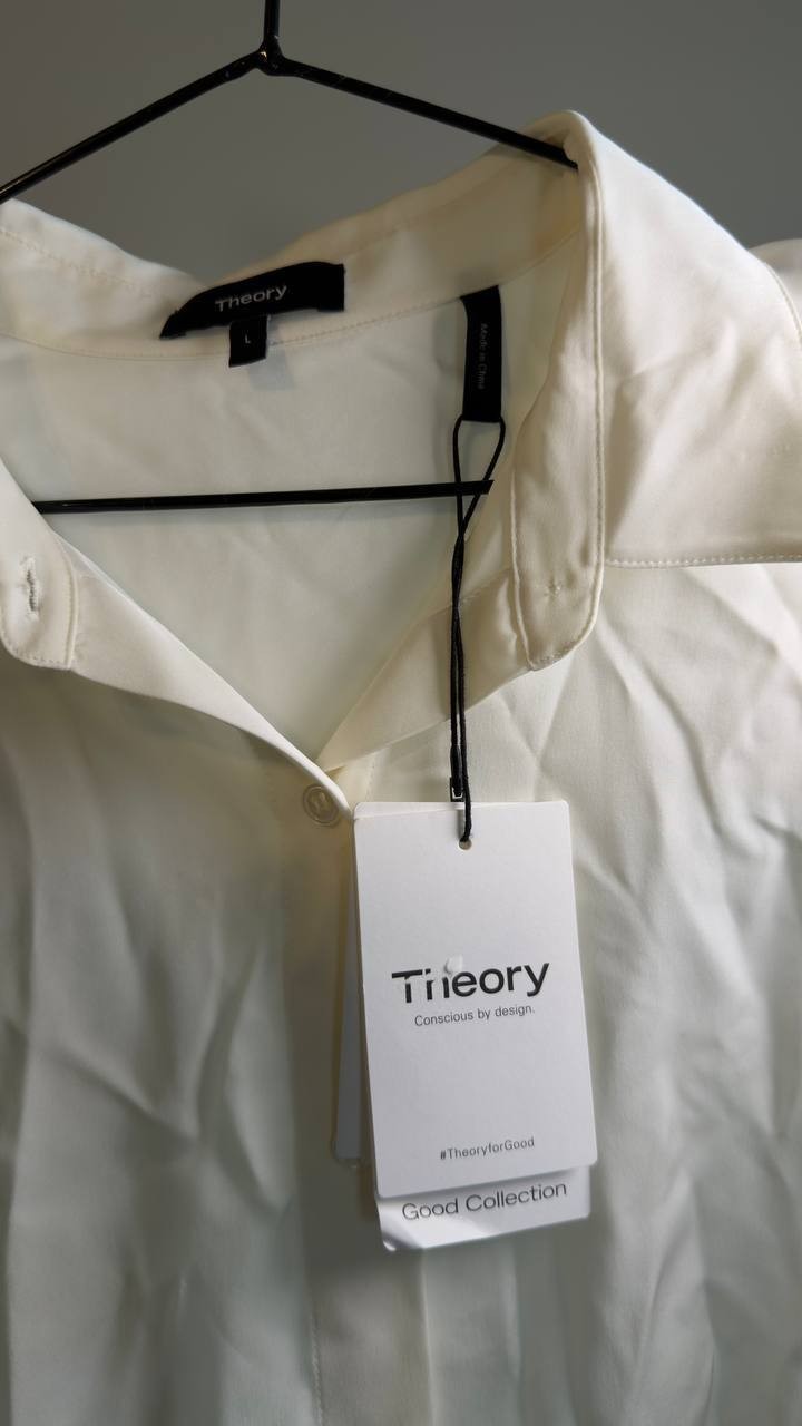Theory Scrunched‑Sleeve Cropped Silk Button Shirt Ivory L NWT $365