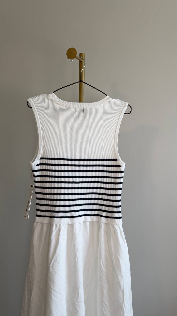 AQUA Mixed Media Maxi Dress White Navy L NWT $98