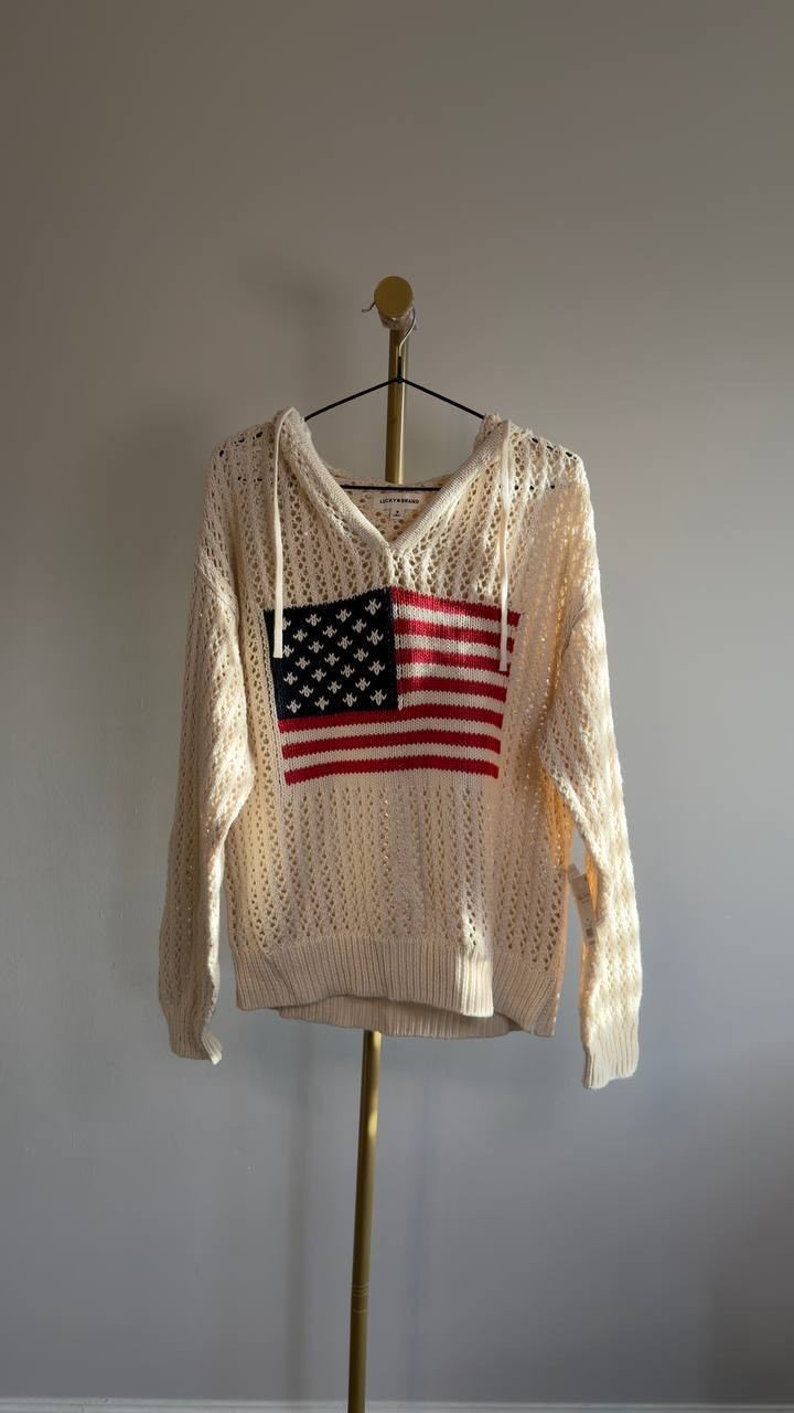 Lucky Brand Americana Flag Cotton Hooded Sweater Whitecap Gray M NWT $129
