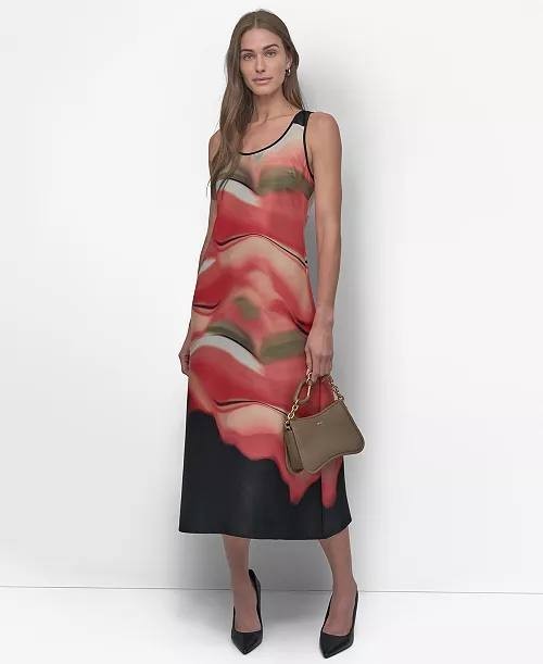 DKNY Sleeveless Border‑Print Shift Dress XL Pre‑Owned Pilling MSRP $48