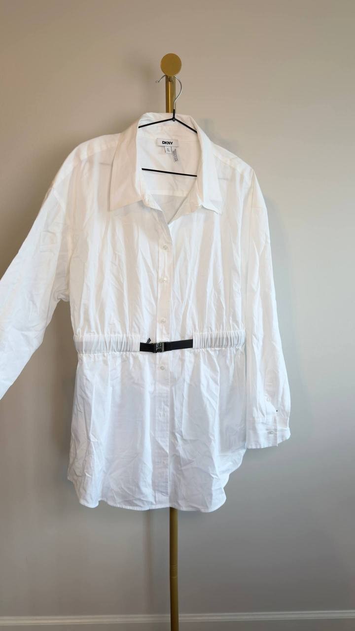 DKNY Cotton Belted Button‑Front Shirt White XL NWT $119