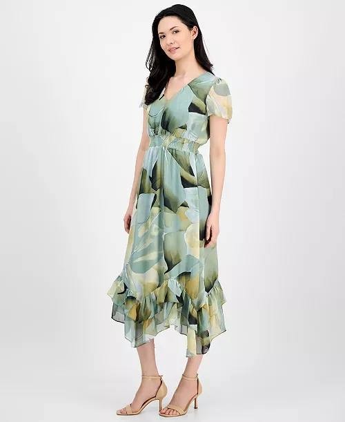 Anne Klein Floral Smocked-Waist Midi Dress – Green Multi, Size 8