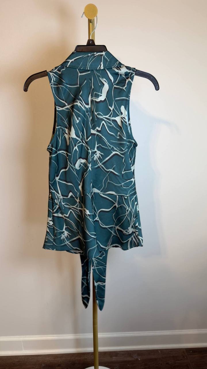 Donna Karan  Geometric Faux Wrap Sleeveless Top Green Multi 4 NWOT $109