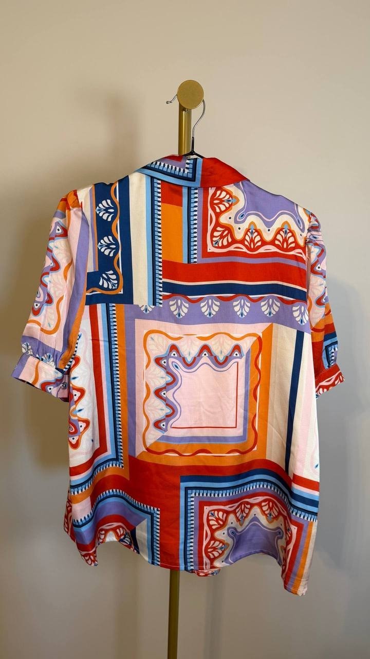 Tahari Women’s Printed Short-Sleeve Button Blouse Como Tile Print L $78 NWT